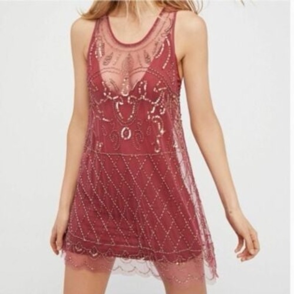 Free People Verona Sheer Slip Dress Beaded Sequin